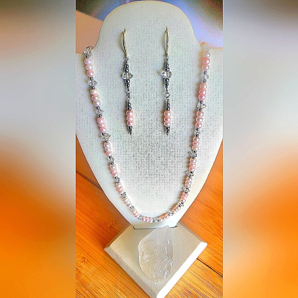 Handmade Pink Freshwater Pearls and Herkimer Diamonds
